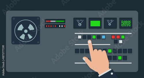 Retro console control panel with buttons and vintage gauges in flat design