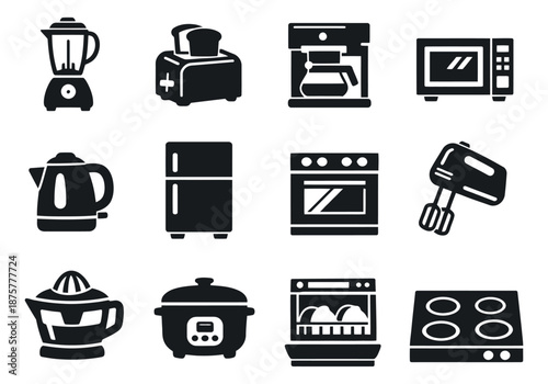 Glyph icon kitchen appliances set featuring common kitchen and home electronics for domestic design