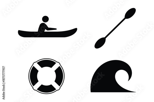 Kayaking and Water Sports Icon Set with Paddle and Lifebuoy