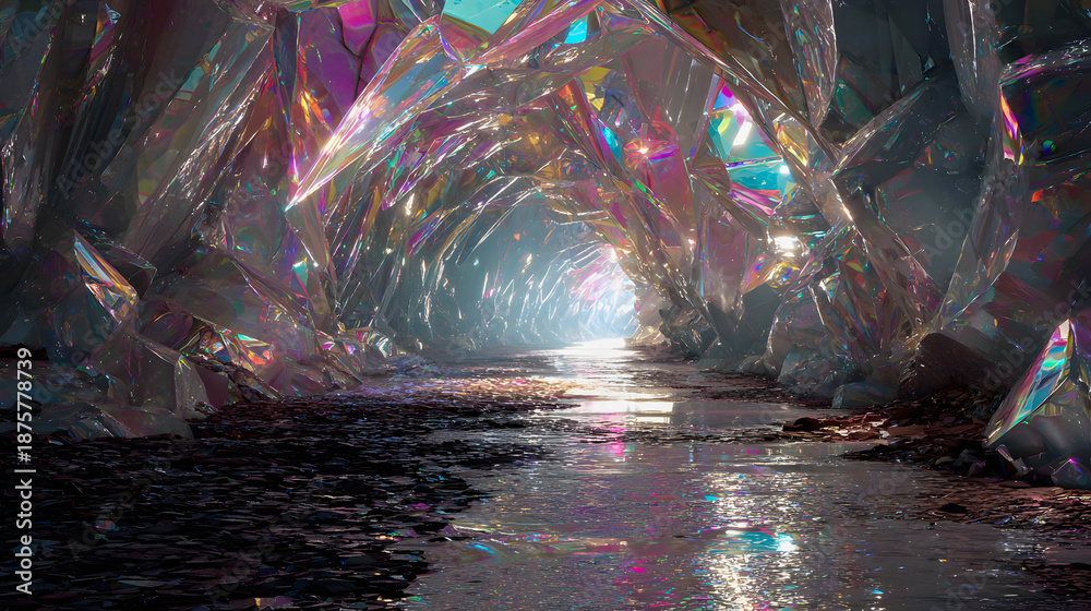 Fototapeta premium Magical iridescent crystal cave tunnel with glowing light at the end
