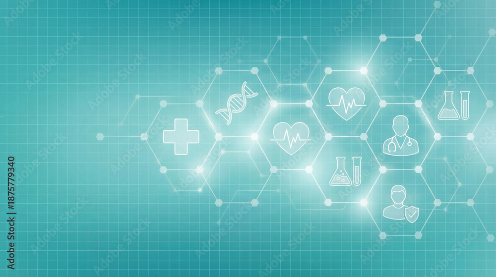 Fototapeta premium Digital Health: A futuristic depiction of medical symbols linked together by glowing lines, illustrating the interconnectedness of healthcare and technology. 
