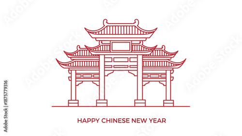 Traditional chinese gate illustration for happy chinese new year celebration with pagoda style architecture