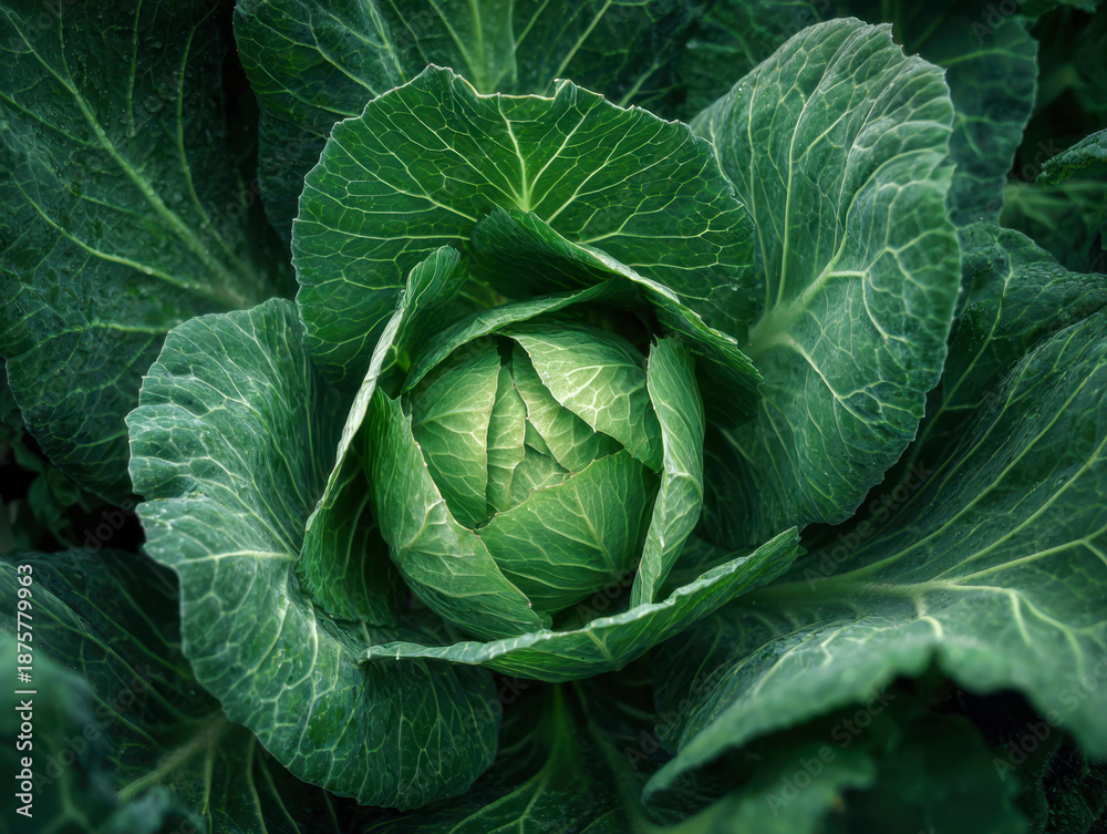 Obraz premium Fresh green cabbage growing in the garden with vibrant leaves showcasing natural texture and healthy organic produce ready for harvest and cooking