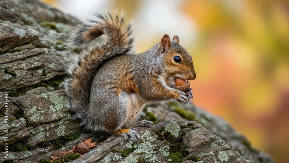 Fototapeta premium Squirrel holding nut on tree branch outdoors