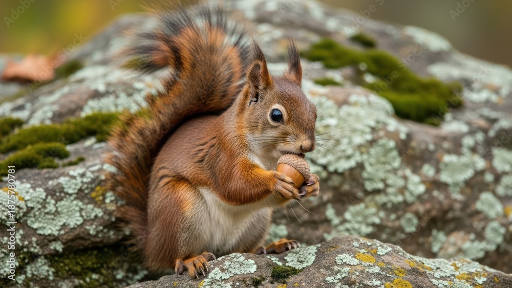 Obraz premium Squirrel holding nut on rock with lichen in natural habitat