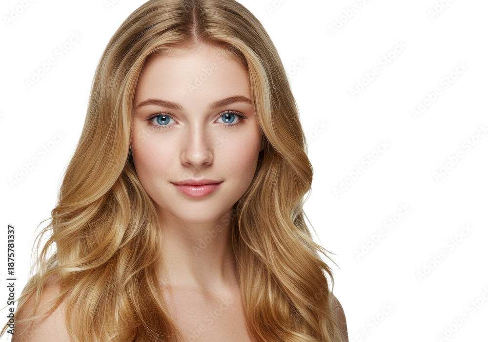 Fototapeta premium Beautiful young caucasian woman with long, voluminous golden blonde hair, bright blue eyes, serene expression, on a transparent studio background with copy space, concept for beauty advertising