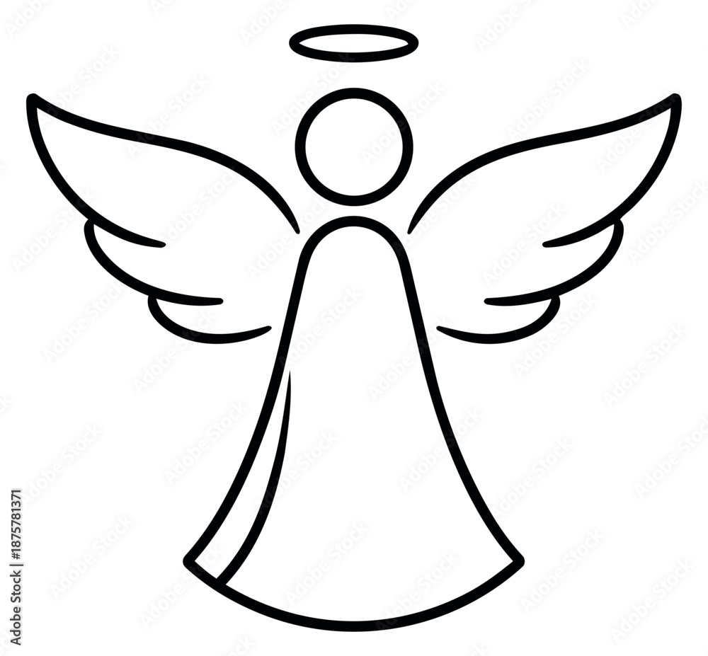 Fototapeta premium Simple line art illustration of an angel depicting a peaceful spiritual figure with wings and a halo for Christmas and holiday designs