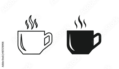 Two steaming coffee cups in black and white line art