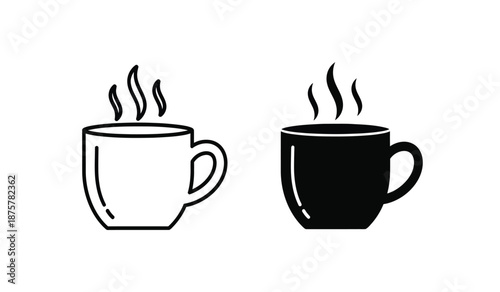 Black and white steaming coffee cup icons in line art style