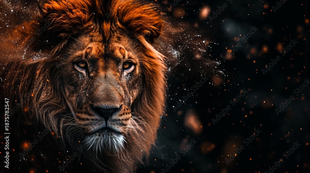 Fototapeta premium Majestic male lion portrait with magical glowing particles. Close up of wild animal face with orange fire sparks on dark background. Power and strength concept