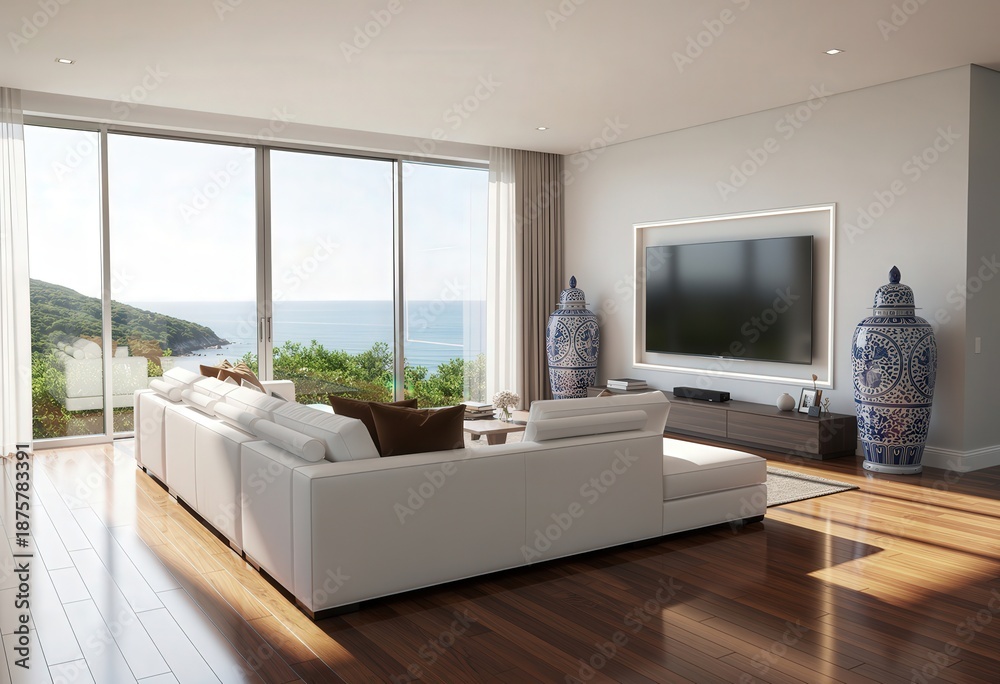 Fototapeta premium A modern living room features a plush white sectional sofa, a large TV, and expansive windows overlooking a stunning ocean view.