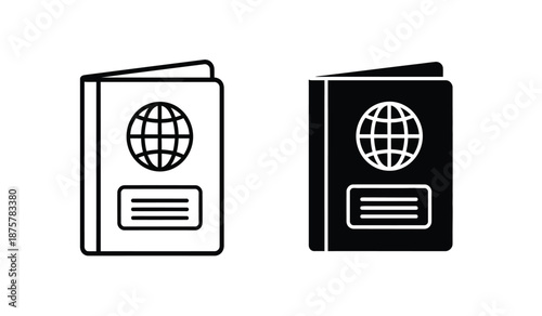 Two passport icons with globe symbol on cover in black and white