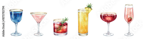 Festive non-alcoholic cocktail mocktails set: pomegranate sparkler, berry champagne mocktail, cranberry rosemary mocktail, golden pineapple fizz, pink celebration mocktail, blue star mocktail, waterco