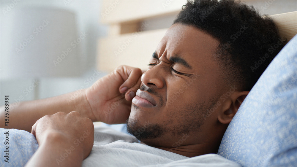 Obraz premium Young man waking up with jaw pain in bed, sleep bruxism discomfort, tmj tmd jaw clenching, morning headache from teeth grinding, facial tension stress, sleep disorder impact