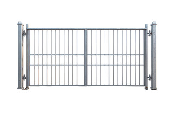 Tall metal security gate with vertical bars and a rectangular frame, industrial gray finish with visible hinges and side posts, sturdy construction details, isolated on transparent background.
