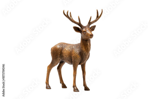 Small deer stag with branching antlers and warm brown coat, standing pose with defined hooves and natural fur texture, isolated on transparent background.

