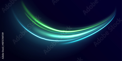 Futuristic green neon streaks ripple along city roads. Motion trails, glowing energy waves, and line swirls highlight speed and dynamic traffic movement. Vector illustration.