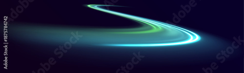 Neon green laser streaks flow along urban streets. Wave energy trails, glowing motion swirls, and line patterns depict futuristic traffic and speed. Vector illustration.