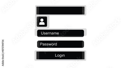 Login screen with username and password fields on white background, secure online authentication and access concept