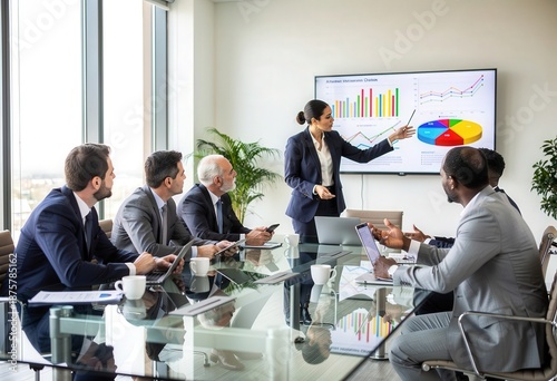 A businesswoman presents data to a diverse group of colleagues in a modern conference room. The image conveys themes of teamwork, business strategy, and professional presentations.