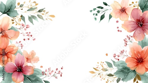 Soft watercolor spring flower frame with blooming florals and greenery, hand-painted style on a white background with empty space for elegant commercial use.