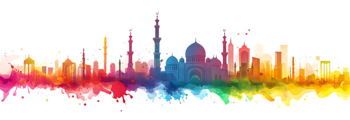 Colorful mosque cityscape rainbow hues white background P N G A I G E N E R A T E D isolated on a transparent background