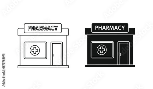 Pharmacy storefront icons in black and white line art style for medical or health related designs and applications