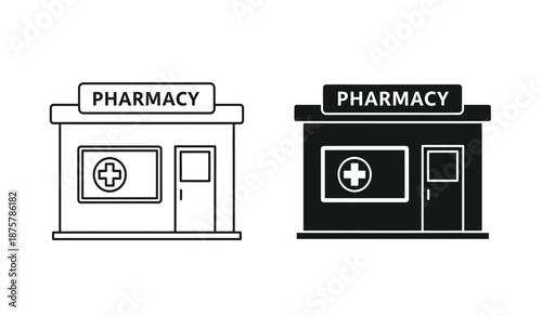 Vector illustration of pharmacy storefronts in black and white