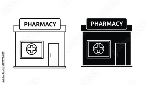 Black and white pharmacy storefront icons in line art style