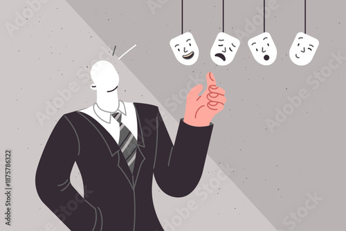Business man chooses mask with emotions, showing miracles transformation and skills control own mood