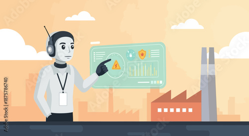 Futuristic worker using touchscreen interface in factory setting
