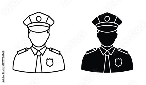 Two police officers in uniform line art style with one in black and white and the other in solid black