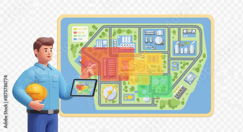 Engineer presenting safety map with risk levels in industrial facility