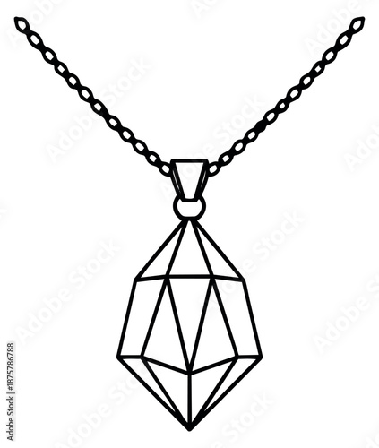 Hand drawn line art illustration of a necklace depicting a geometric pendant for fashion design