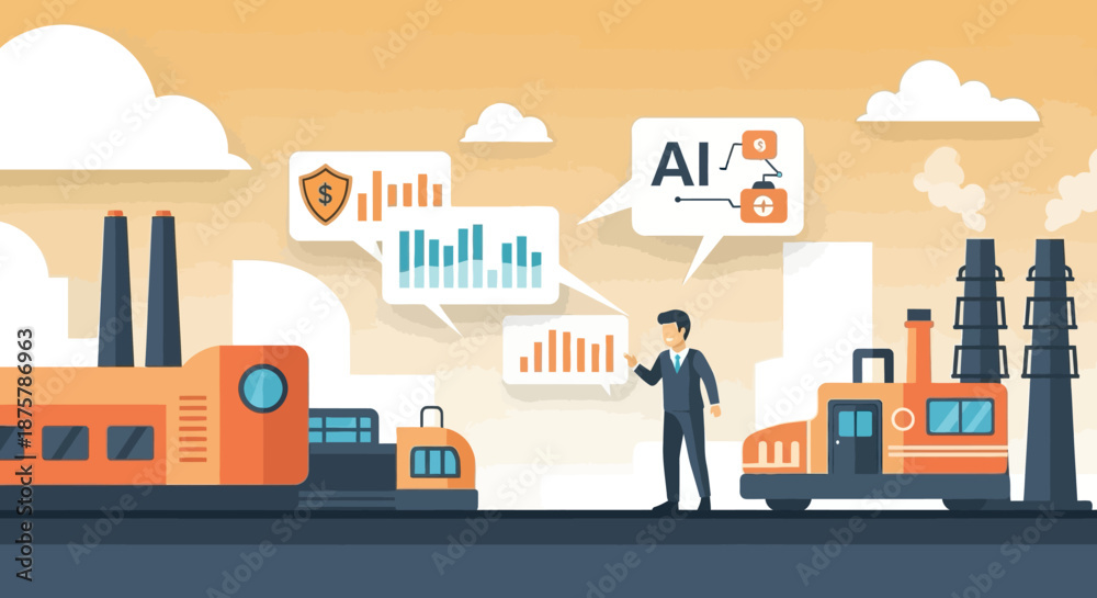 Naklejka premium Flat design businessman with ai analytics in modern industrial cityscape