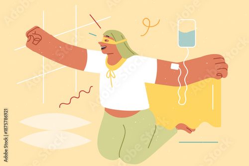 Teenage girl patient at oncology clinic sits in superhero pose, thanks to cancer cure