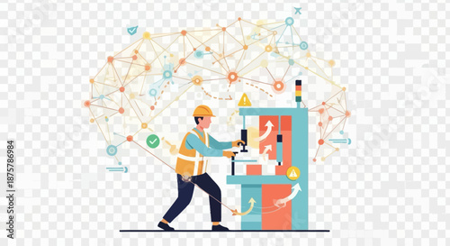 Futuristic automation in manufacturing: worker operating machine with network connections