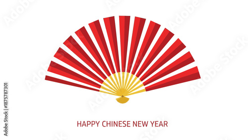 Red chinese new year fan illustration with golden accents and celebratory greeting on white background