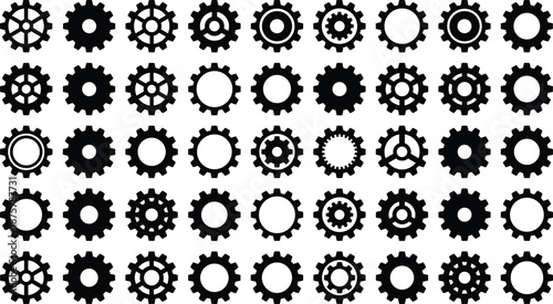 Black gear icons set with 49 mechanical designs in solid and outline styles