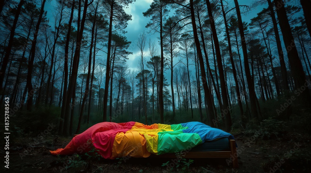Fototapeta premium Vibrant rainbow bed in serene forest at dusk