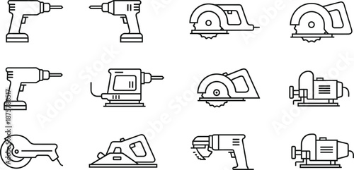 Power tools icon set with drills, saws, grinders, sander, and planer in black and white line style