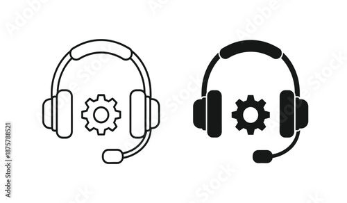 Two headsets with gear icons in line art and solid black on for customer service or technical support concepts