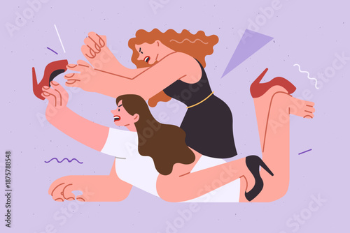 Two women fight over shoes in store, to look better than others and fighting for discounted goods