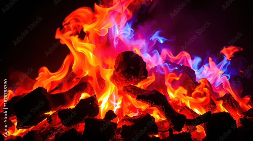 Fototapeta premium Vibrant colorful flames engulfing burning coals in darkness