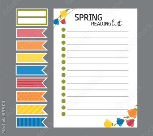 Spring reading list blank with flower pattern and stickers. Vector template for agenda, planner, checklist, book, note, memo, card and other personal organizer. Layout in A4, A5, A6.