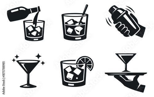 Simple line art cocktail icons set featuring drink preparation, serving, and various cocktail glasses for beverage menus and party designs