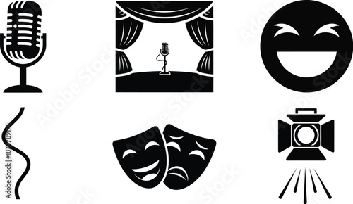 Cinema comedy and tragedy masks spotlight theatre stage live performances, acting vector silhouette icons. 