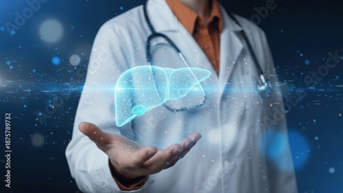 Futuristic doctor holding a glowing digital hologram of human liver, high-tech healthcare, anatomy and AI diagnosis concept.