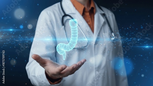 Futuristic doctor holding a glowing digital hologram of human Appendix, high-tech healthcare, anatomy and AI diagnosis concept.