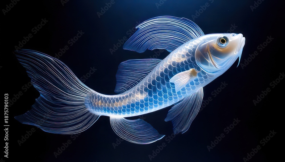 Fototapeta premium Elegant white koi fish with flowing fins in dark water.